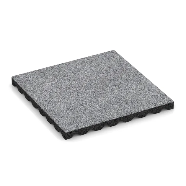 Gumijasta varovalna plošča za otroška igrišča von WARCO im Farbdesign Sivi melange mit den Abmessungen 500 x 500 x 40 mm. Produktfoto von Artikel 5348 in der Aufsicht von schräg vorne.