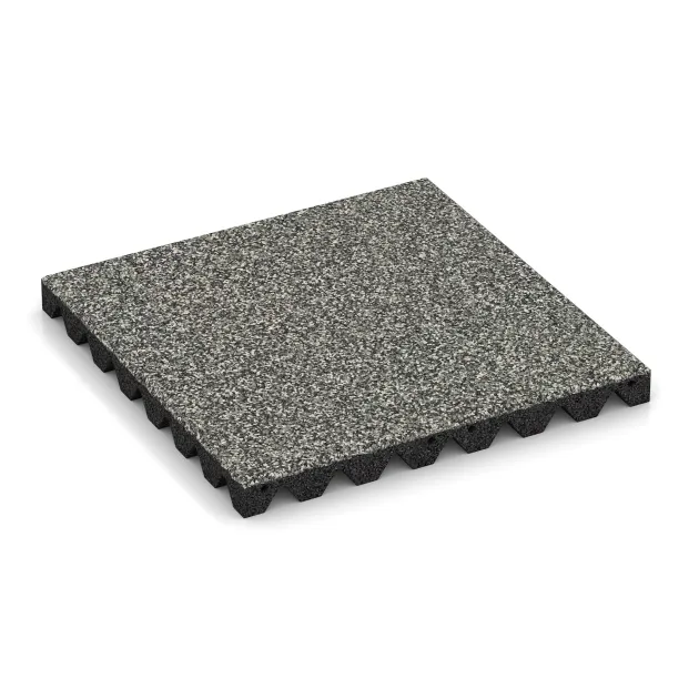 Varnostna gumijasta plošča za otroška igrišča 4,5 cm - EN 1177 ≤ 135 cm von WARCO im Farbdesign Siv granit mit den Abmessungen 500 x 500 x 45 mm. Produktfoto von Artikel 5543 in der Aufsicht von schräg vorne.