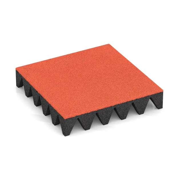 Varnostna gumijasta plošča za otroška igrišča 10 cm - EN 1177 ≤ 300 cm von WARCO im Farbdesign Svetlo rdeče-oranžna mit den Abmessungen 500 x 500 x 100 mm. Produktfoto von Artikel 5639 in der Aufsicht von schräg vorne.