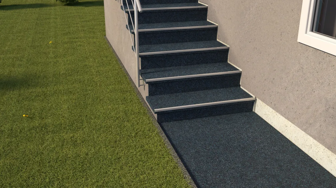 Beispielhafte Verlegung für den Artikel 0901 von WARCO - Treppenbelag, Farbton Rahlo Modro Posuto in der Abmessung 485 x 485 x 8 mm | 0,235 m².