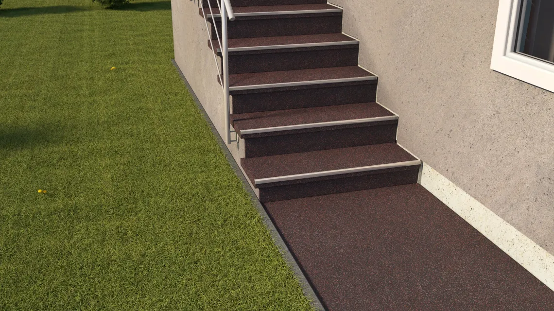 Beispielhafte Verlegung für den Artikel 1033 von WARCO - Treppenbelag, Farbton Rahlo rdeče posuto in der Abmessung 970 x 970 x 8 mm | 0,94 m.