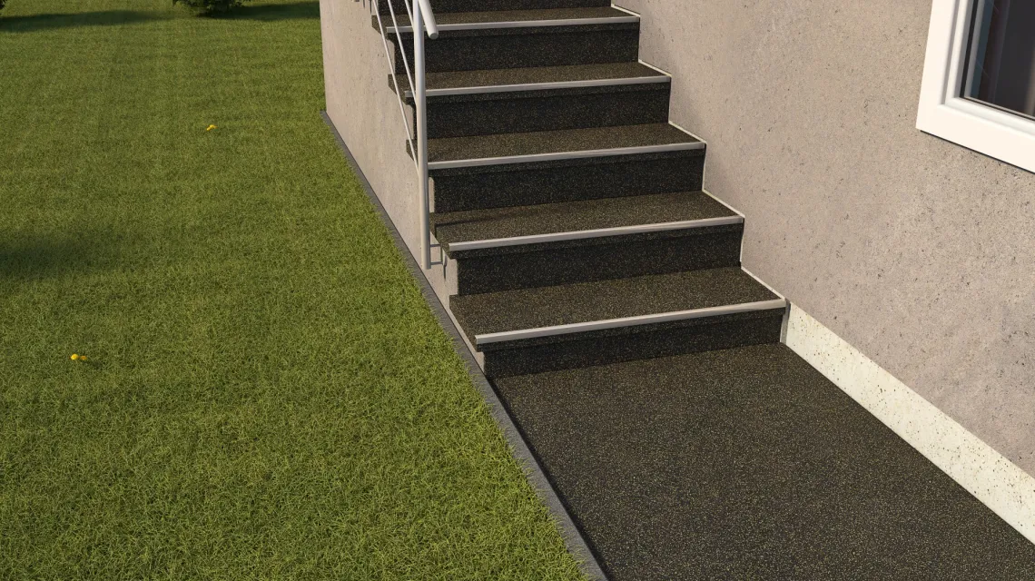 Beispielhafte Verlegung für den Artikel 1047 von WARCO - Treppenbelag, Farbton Lehko rumeno posipana in der Abmessung 970 x 970 x 8 mm | 0,94 m.