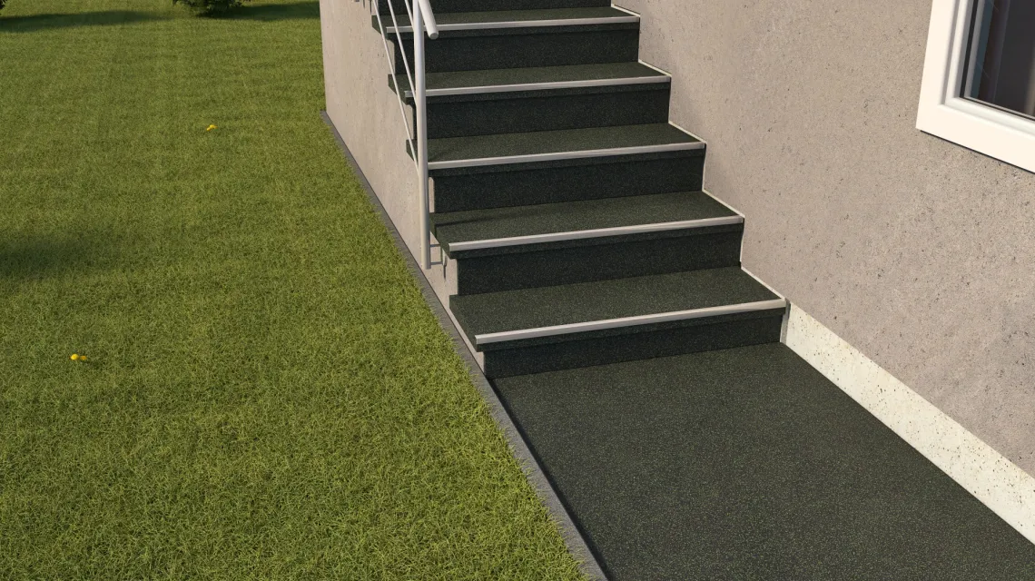 Beispielhafte Verlegung für den Artikel 1119 von WARCO - Treppenbelag, Farbton Lekko zeleni posipani in der Abmessung 970 x 970 x 16 mm | 0,94 m².
