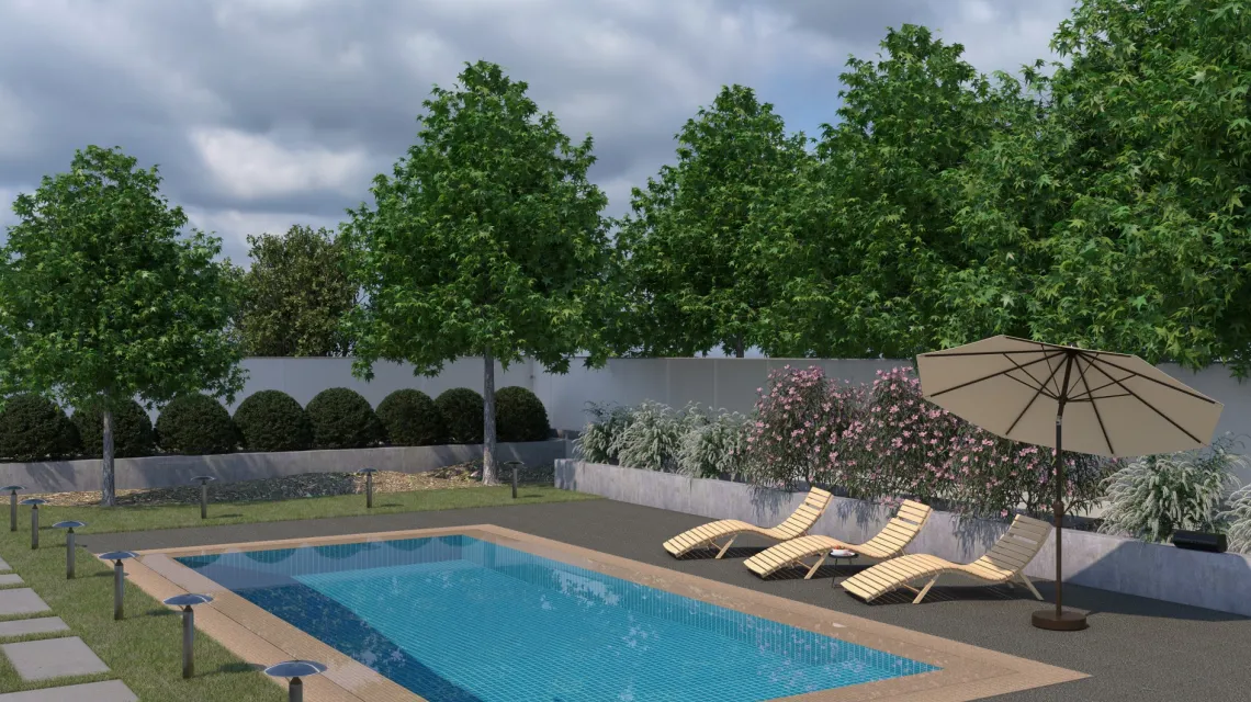 Beispielhafte Verlegung für den Artikel 1206 von WARCO - Ploščica rob bazena Classic, Farbton Temno sivi granit in der Abmessung 500 x 500 x 30 mm.