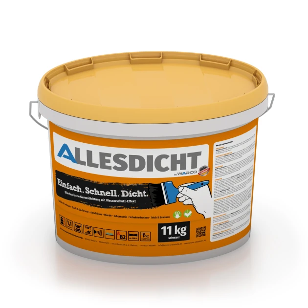 ALLESDICHT – Hidroizolacija von WARCO im Farbdesign Črna mit den Abmessungen 11 kg | 3,3 m². Produktfoto von Artikel 0028 in der Aufsicht von schräg vorne.