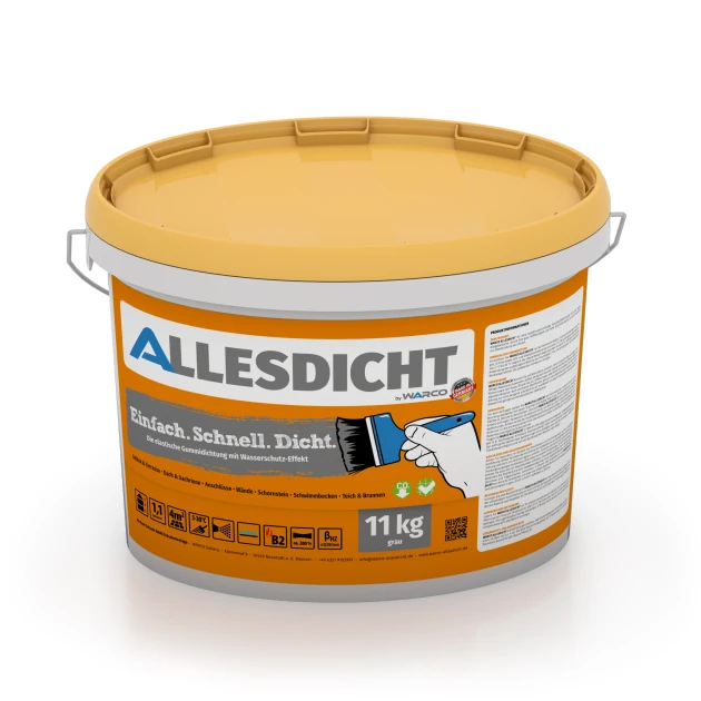 ALLESDICHT – Hidroizolacija von WARCO im Farbdesign Siva mit den Abmessungen 11 kg | 3,3 m². Produktfoto von Artikel 0030 in der Aufsicht von schräg vorne.