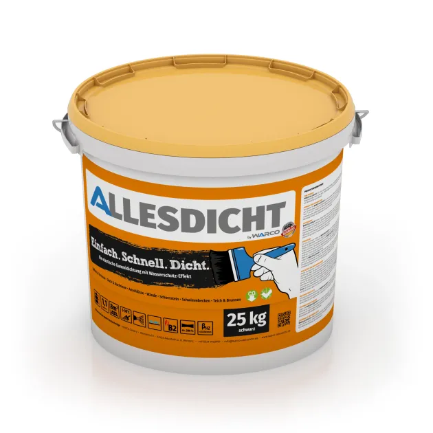 ALLESDICHT – Gumijasti premaz iz vedra von WARCO im Farbdesign Črna mit den Abmessungen 25 kg | 7,6 m². Produktfoto von Artikel 0017 in der Aufsicht von schräg vorne.