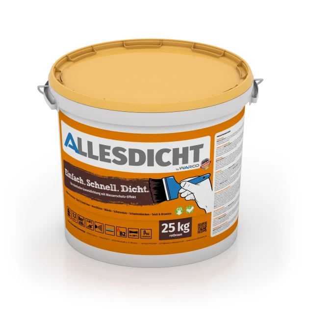 ALLESDICHT – Hidroizolacija von WARCO im Farbdesign Rdečerjava mit den Abmessungen 25 kg | 7,6 m². Produktfoto von Artikel 0025 in der Aufsicht von schräg vorne.