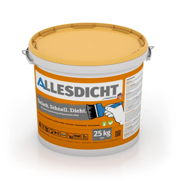 ALLESDICHT – Hidroizolacija von WARCO im Farbdesign Siva mit den Abmessungen 25 kg | 7,6 m². Produktfoto von Artikel 0026 in der Aufsicht von schräg vorne.