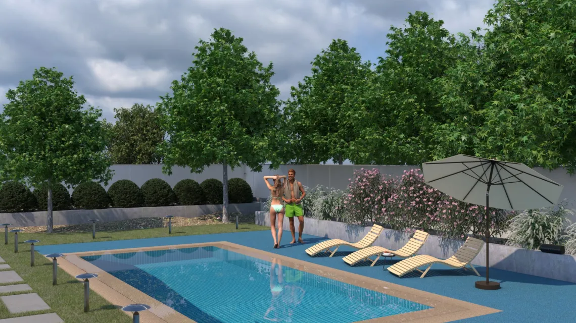 Beispielhafte Verlegung für den Artikel 2928 von WARCO - Ploščica rob bazena, Farbton Atlantic in der Abmessung 500 x 500 x 40 mm.