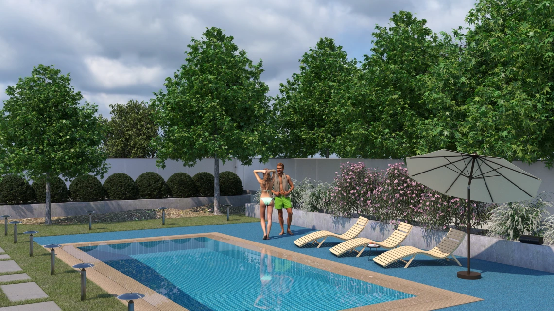 Beispielhafte Verlegung für den Artikel 5419 von WARCO - Ploščica rob bazena brez fug, Farbton Atlantik in der Abmessung 30,6 x 30,6 x 3 cm | 0,094 m².