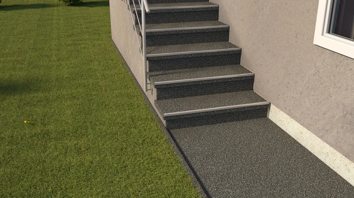 Beispielhafte Verlegung für den Artikel 5422 von WARCO - Treppenbelag, Farbton Temno sivi granit in der Abmessung 306 x 306 x 20 mm.