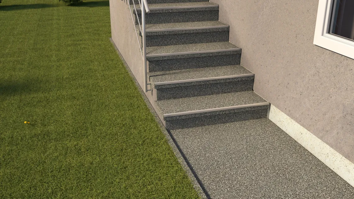 Beispielhafte Verlegung für den Artikel 5423 von WARCO - Treppenbelag, Farbton Siv granit in der Abmessung 306 x 306 x 20 mm.
