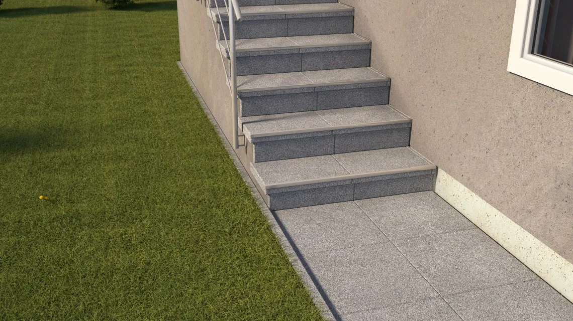 Beispielhafte Verlegung für den Artikel 5447 von WARCO - Treppenbelag, Farbton Sivi melange in der Abmessung 500 x 500 x 30 mm.