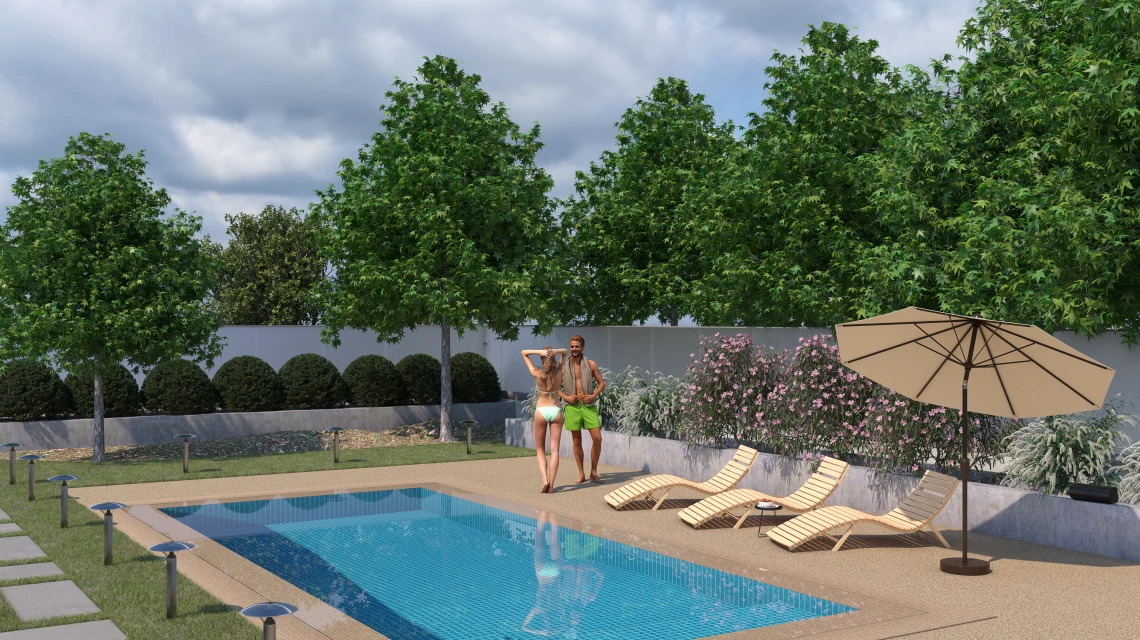 Beispielhafte Verlegung für den Artikel 6108 von WARCO - Ploščica rob bazena brez fug, Farbton Travertin in der Abmessung 30,6 x 30,6 x 3 cm | 0,094 m².