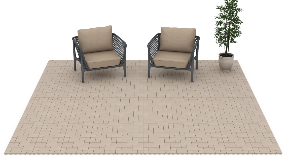 Beispielhafte Verlegung für den Artikel 6331 von WARCO - Blok vzorec – Terasne plošče, Farbton Vanilija in der Abmessung 38,5 x 38,5 x 2 cm.