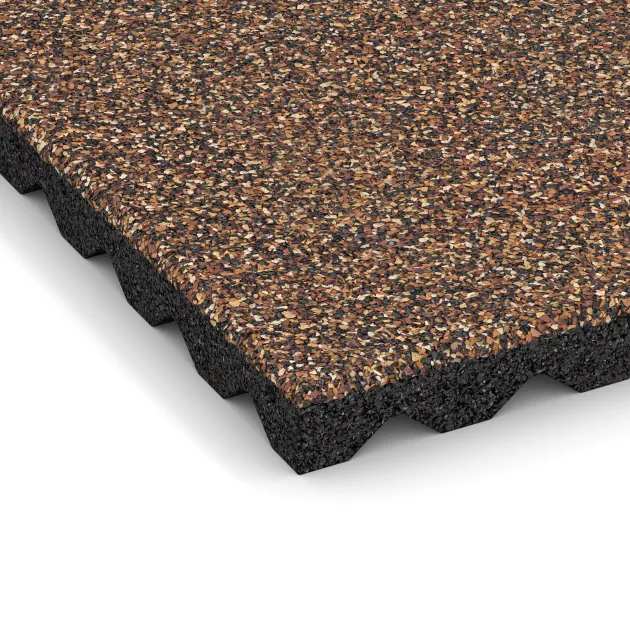 Detailaufnahme der Randausprägung von WARCO-Produkt 5346, Gumijasta varovalna plošča za otroška igrišča, Format 500 x 500 x 40 mm, Farbe Losa in Koren.