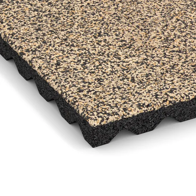 Detailaufnahme der Randausprägung von WARCO-Produkt 5335, Gumijasta varovalna plošča za otroška igrišča, Format 500 x 500 x 40 mm, Farbe Travertin.