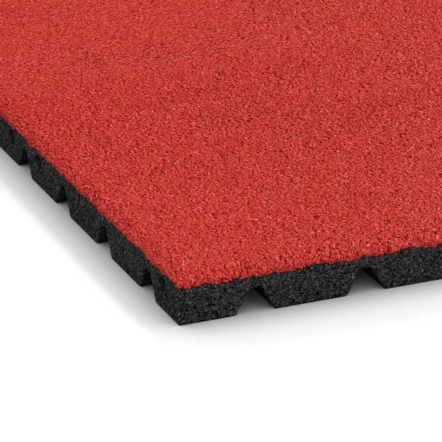 Detailaufnahme der Randausprägung von WARCO-Produkt 5474, Varnostna gumijasta plošča za otroška igrišča 3 cm - EN 1177 ≤ 100 cm, Format 500 x 500 x 30 mm, Farbe Rdeča Vrtnica.