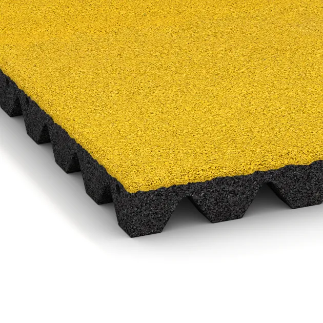 Detailaufnahme der Randausprägung von WARCO-Produkt 5537, Varnostna gumijasta plošča za otroška igrišča 4,5 cm - EN 1177 ≤ 135 cm, Format 500 x 500 x 45 mm, Farbe Citronsko rumena.