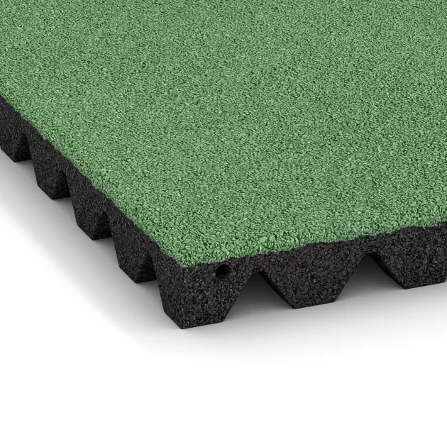 Detailaufnahme der Randausprägung von WARCO-Produkt 5538, Varnostna gumijasta plošča za otroška igrišča 4,5 cm - EN 1177 ≤ 135 cm, Format 500 x 500 x 45 mm, Farbe Bledo zelena.