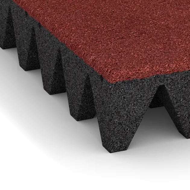 Detailaufnahme der Randausprägung von WARCO-Produkt 0734, Gumijasta varovalna plošča za otroška igrišča, Format 500 x 500 x 100 mm, Farbe Koralen rdeča.