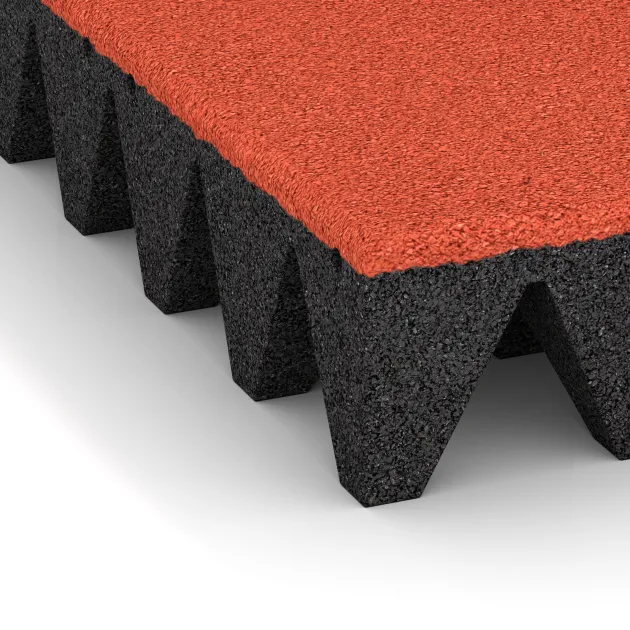 Detailaufnahme der Randausprägung von WARCO-Produkt 5639, Varnostna gumijasta plošča za otroška igrišča 10 cm - EN 1177 ≤ 300 cm, Format 500 x 500 x 100 mm, Farbe Svetlo rdeče-oranžna.