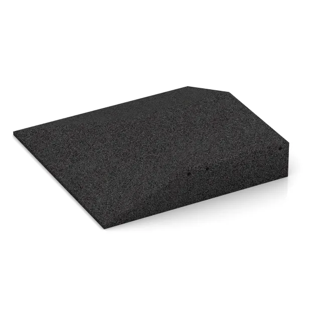Detailaufnahme der Randausprägung von WARCO-Produkt 3838, Eck-Platte (zwei Seiten abgeschrägt), Format 500 x 500 x 100 mm, Farbe Črna.