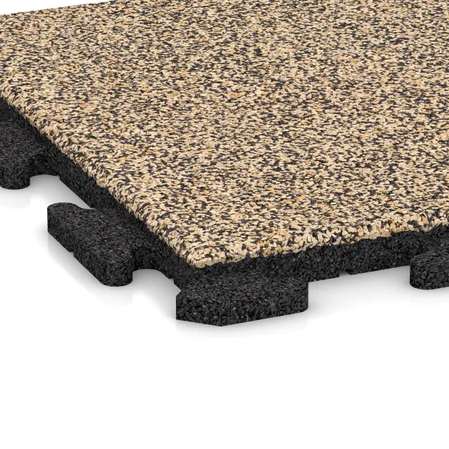 Detailaufnahme der Randausprägung von WARCO-Produkt 1228, Fitnes talne plošče iz gume Classic, Format 500 x 500 x 30 mm, Farbe Travertin.
