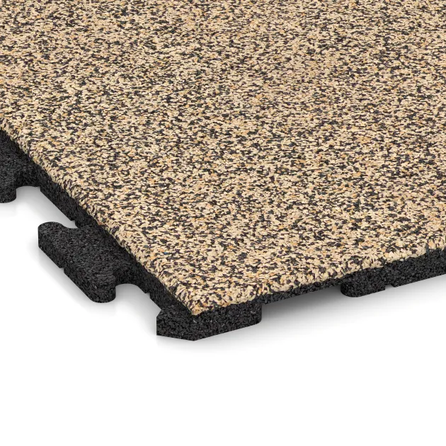 Detailaufnahme der Randausprägung von WARCO-Produkt 1606, Fitnes talne plošče iz gume Classic, Format 1000 x 1000 x 30 mm, Farbe Travertin.