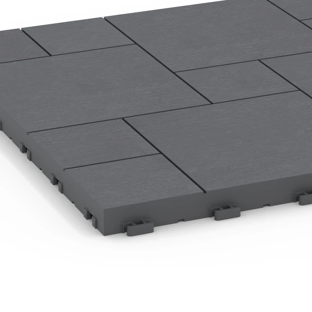 Detailaufnahme der Randausprägung von WARCO-Produkt 6330, Blok vzorec – Terasne plošče, Format 38,5 x 38,5 x 2 cm, Farbe Srebrno siva.