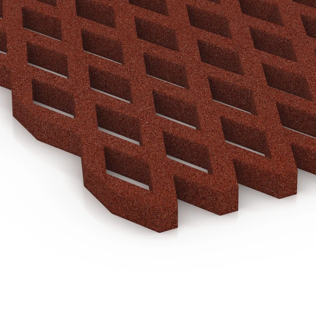 Detailaufnahme der Randausprägung von WARCO-Produkt 7010, Varnostna travna rešetka, Format 100 x 100 x 4 cm, Farbe Opečno rdeča.