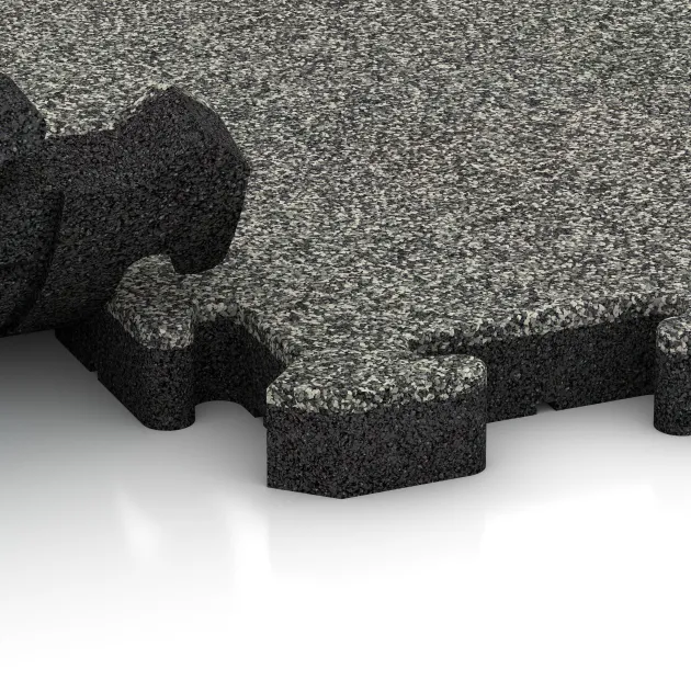 Großaufnahme vom Verbindungssystem von WARCO-Boden 3407 - Fitnes zaščitna podlaga HD im Farbdesign Siv granit. Abmessungen 1000 x 1000 x 40 mm.