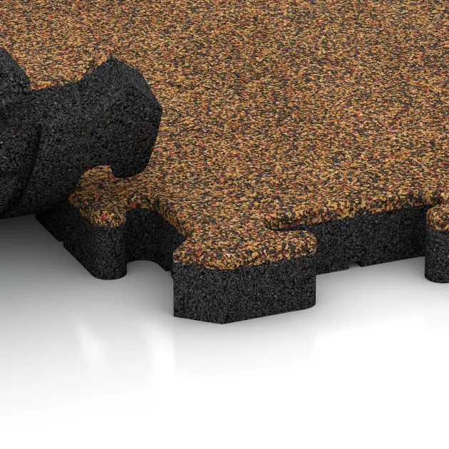 Großaufnahme vom Verbindungssystem von WARCO-Boden 3410 - Fitnes zaščitna podlaga HD im Farbdesign Terra Cotta. Abmessungen 1000 x 1000 x 40 mm.