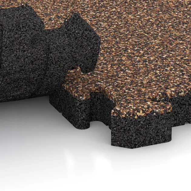 Großaufnahme vom Verbindungssystem von WARCO-Boden 3117 - Fitnes zaščitna podlaga HD im Farbdesign Losa in Koren. Abmessungen 500 x 500 x 50 mm.