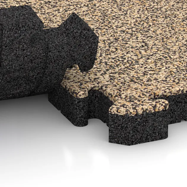 Großaufnahme vom Verbindungssystem von WARCO-Boden 3106 - Fitnes zaščitna podlaga im Farbdesign Travertin. Abmessungen 500 x 500 x 50 mm.