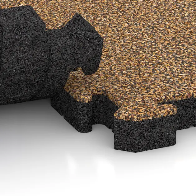 Großaufnahme vom Verbindungssystem von WARCO-Boden 3125 - Fitnes zaščitna podlaga HD im Farbdesign Maroko. Abmessungen 500 x 500 x 50 mm.