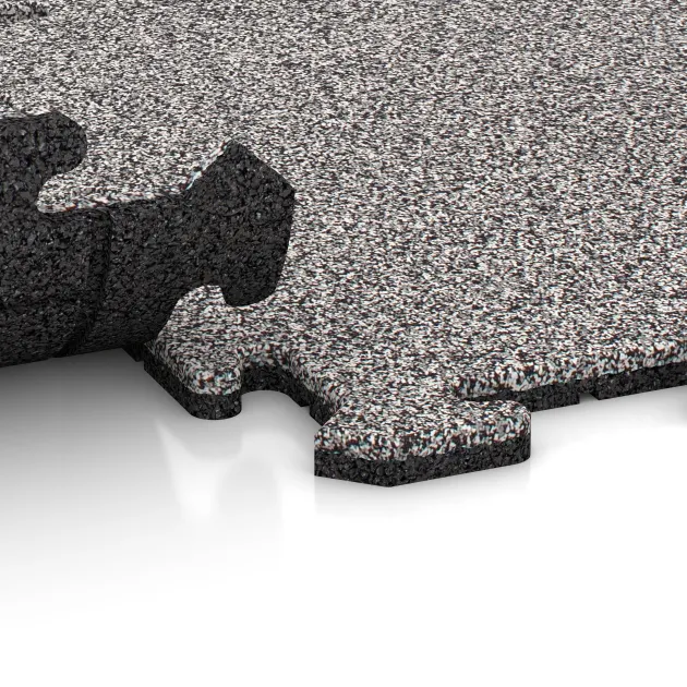 Großaufnahme vom Verbindungssystem von WARCO-Boden 4593 - Športna talna obloga za pse HD im Farbdesign Sivi melange. Abmessungen 500 x 500 x 18 mm.