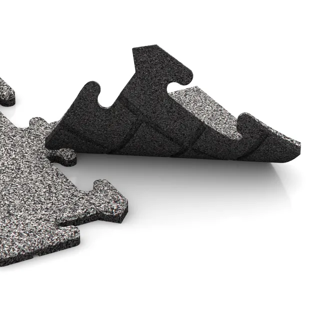 Großaufnahme vom Verbindungssystem von WARCO-Boden 4684 - Kotna plošča HD im Farbdesign Sivi melange. Abmessungen 235 x 235 x 18 mm.