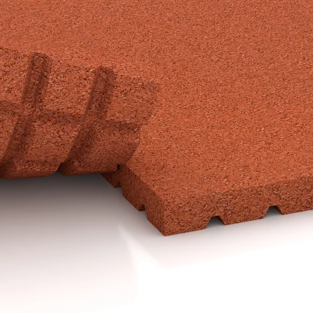 Großaufnahme vom Verbindungssystem von WARCO-Boden 3641 - Stallmatte pro im Farbdesign Opečno rdeča. Abmessungen 1000 x 1000 x 40 mm.