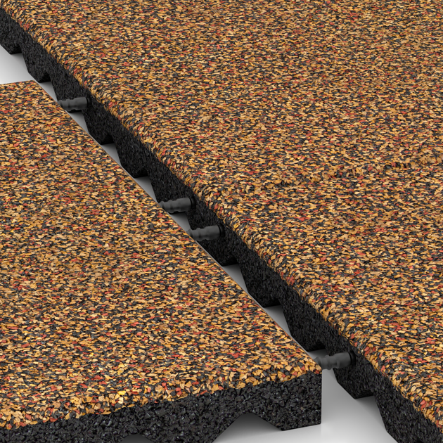 Großaufnahme vom Verbindungssystem von WARCO-Boden 5336 - Gumijasta varovalna plošča za otroška igrišča im Farbdesign Terra Cotta. Abmessungen 500 x 500 x 40 mm.