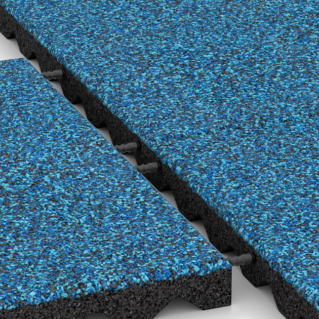 Großaufnahme vom Verbindungssystem von WARCO-Boden 5347 - Gumijasta varovalna plošča za otroška igrišča im Farbdesign Atlantic. Abmessungen 500 x 500 x 40 mm.