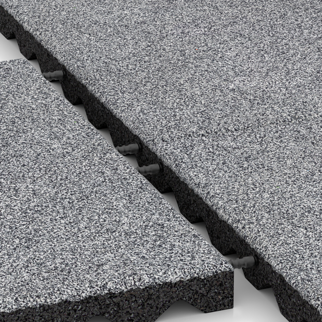 Großaufnahme vom Verbindungssystem von WARCO-Boden 5348 - Gumijasta varovalna plošča za otroška igrišča im Farbdesign Sivi melange. Abmessungen 500 x 500 x 40 mm.
