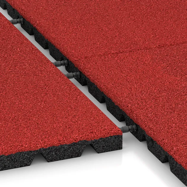 Großaufnahme vom Verbindungssystem von WARCO-Boden 5474 - Varnostna gumijasta plošča za otroška igrišča 3 cm - EN 1177 ≤ 100 cm im Farbdesign Rdeča Vrtnica. Abmessungen 500 x 500 x 30 mm.
