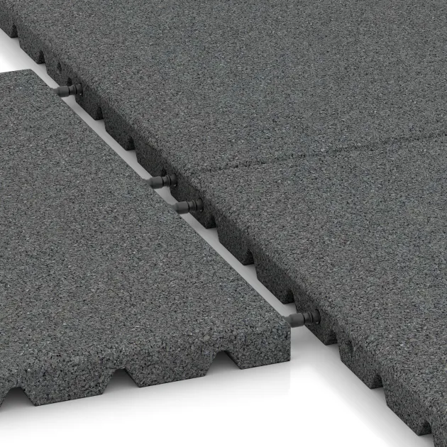 Großaufnahme vom Verbindungssystem von WARCO-Boden 0577 - Gumijasta varovalna plošča za otroška igrišča im Farbdesign Lupkovosiva. Abmessungen 500 x 500 x 30 mm.