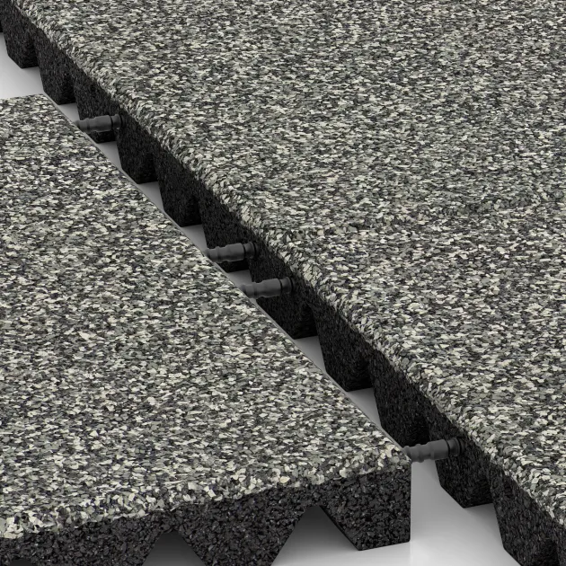 Großaufnahme vom Verbindungssystem von WARCO-Boden 5543 - Varnostna gumijasta plošča za otroška igrišča 4,5 cm - EN 1177 ≤ 135 cm im Farbdesign Siv granit. Abmessungen 500 x 500 x 45 mm.