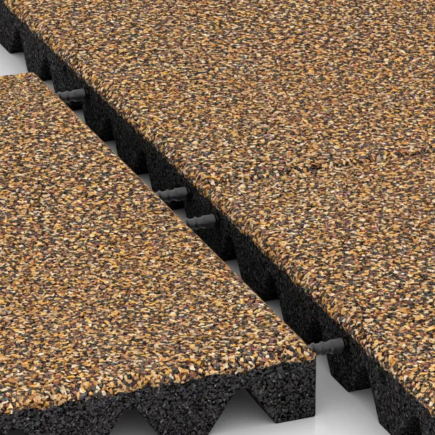 Großaufnahme vom Verbindungssystem von WARCO-Boden 5555 - Varnostna gumijasta plošča za otroška igrišča 4,5 cm - EN 1177 ≤ 135 cm im Farbdesign Maroko. Abmessungen 500 x 500 x 45 mm.