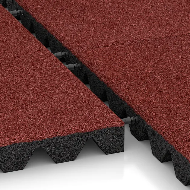 Großaufnahme vom Verbindungssystem von WARCO-Boden 0630 - Gumijasta varovalna plošča za otroška igrišča im Farbdesign Koralen rdeča. Abmessungen 500 x 500 x 45 mm.