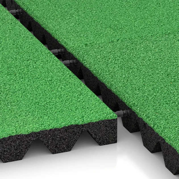 Großaufnahme vom Verbindungssystem von WARCO-Boden 5536 - Varnostna gumijasta plošča za otroška igrišča 4,5 cm - EN 1177 ≤ 135 cm im Farbdesign Pomladno zelena. Abmessungen 500 x 500 x 45 mm.