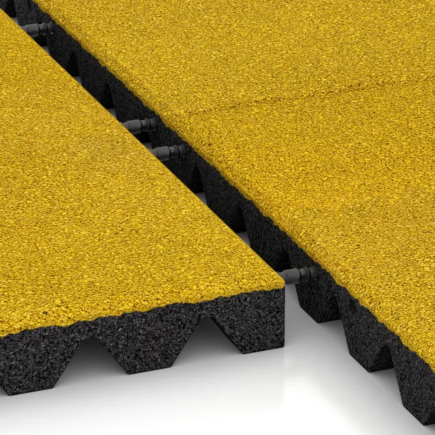 Großaufnahme vom Verbindungssystem von WARCO-Boden 5537 - Varnostna gumijasta plošča za otroška igrišča 4,5 cm - EN 1177 ≤ 135 cm im Farbdesign Citronsko rumena. Abmessungen 500 x 500 x 45 mm.